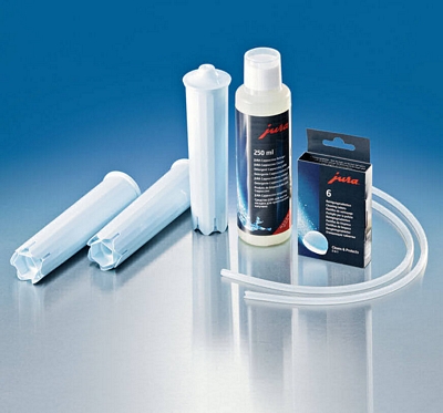 Care Kit Jura - kit entretien 3 Claris Blue, pastilles et bouteille de détergent, 2 flexibles